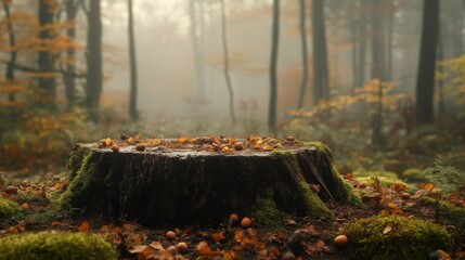 Poster - In a serene autumn forest, a moss-covered tree stump sits at the center, adorned with fallen leaves and scattered nuts. The fog gently envelops the trees, creating an enchanting atmosphere.