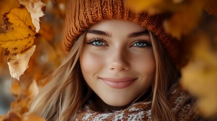 Wall Mural - a woman with blue eyes and a hat on is smiling for the camera while surrounded by leaves