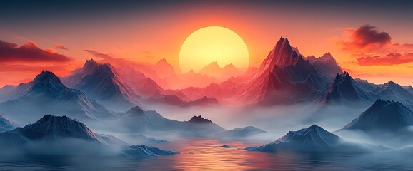 Wall Mural - Misty mountain range with large sun setting behind the peaks.