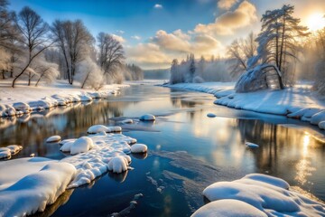 Poster - Scenic winter landscape with frosted trees and river reflection