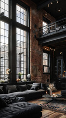 Wall Mural - A large room with a fireplace and a brick wall. The room is decorated with black furniture and a potted plant. The mood of the room is cozy and inviting.