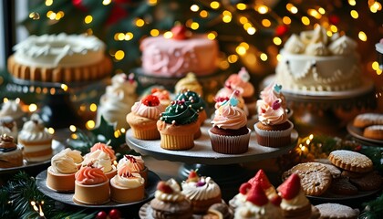 Enchanting festive dessert showcase with beautifully decorated cakes, cupcakes, and cookies illuminated by warm lights and joyful decorations