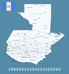  Guatemala - detailed country map with cities and regions. Infographic icons. Vector illustration.