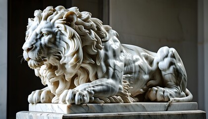 Sticker - Majestic Lion Head Sculpture in Marble, Elegantly Displayed on a Plinth