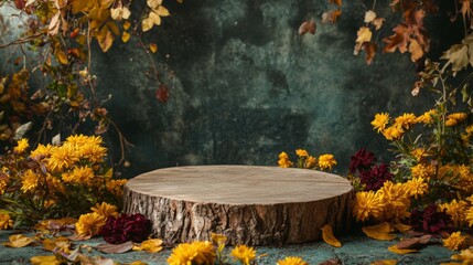 Poster - A rustic wooden stump sits at the center, adorned with bright yellow and deep burgundy flowers. The gentle autumn hues create a warm atmosphere perfect for seasonal displays or gatherings.
