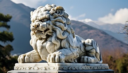 Sticker - Majestic Lion Head Sculpture in Marble, Elegantly Displayed on a Plinth