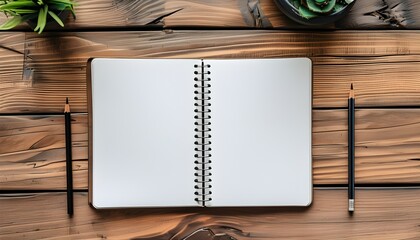 Creative workspace featuring an open spiral notebook and a pencil on a rustic wooden table