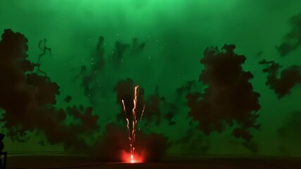 Poster - colorful red fireworks exploding in the night sky against a green screen, perfect for adding special