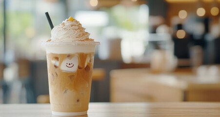 Sticker - Iced coffee drink served with whipped cream in a cozy cafe setting during afternoon hours