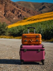 Vibrant travel scenery with stylish luggage in colorful destinations.