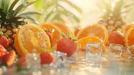 Fresh fruit and ice cubes on a sunny background.