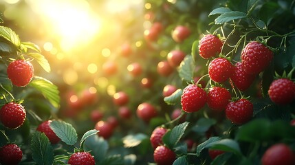 Close-up of ripe red strawberries growing on a vine with green leaves and sunlight shining through.