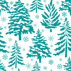 Christmas. Winter background. Winter Forest background. Pine, spruce, christmas tree. Snowy graphic trees seamless pattern panorama view. hand drawing. Not AI, Vector illustrations