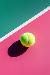 Minimalist abstract tennis ball on the court, with a pastel pink and green color palette, geometric shadows, a vibrant and playful composition