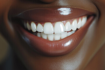 Close-up of a beautiful, smiling black female mouth with white teeth. This macro photograph captures a healthy, detailed smile concept for dental and beauty advertising.