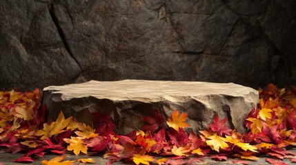 Wall Mural - A flat, round stone platform rests in a pile of red and yellow autumn leaves. The stone is rough and textured, and the leaves are scattered around it. The background is a dark, rough-hewn rock wall.