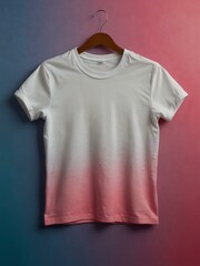 White t-shirt on pink and blue gradient backdrop.