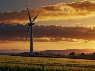 Wind turbine silhouette in a golden field at sunset.