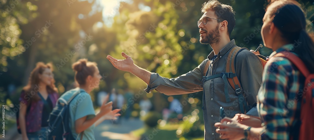 An engaging tour guide directing a curious group of travelers through a ...