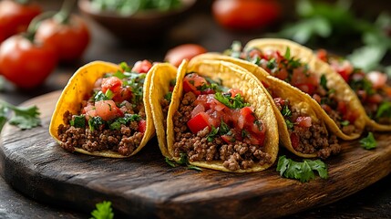 Close-up of four delicious tacos with ground beef, tomatoes, and cilantro on a wooden cutting board.