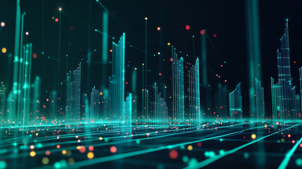 Poster - abstract digital landscape showcasing vibrant data visualizations with colorful dots and lines repre