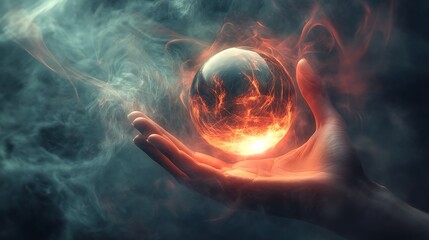 Wall Mural - A hand holds a glowing orb surrounded by smoke.