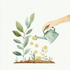 Hand watering a money tree, growing investments. Watercolor illustration.Budget. Seedling money assets, growing dividends and interest in the bank. watercolor illustration of the growth. poster