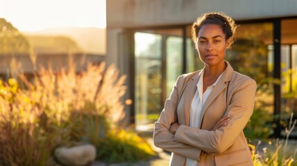 Confident woman standing outdoors, mission accomplished with a backdrop of nature and modern architecture.