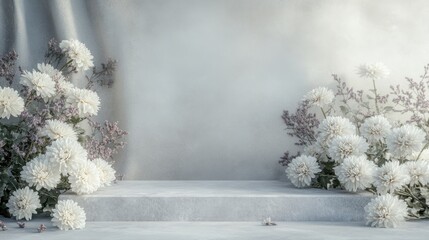 Poster - A white platform with a textured gray surface is centered in front of a gray wall with soft folds