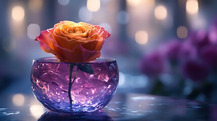 Canvas Print - Single orange rose in a glass vase with blurry background of lights.