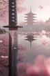 © Vilius - Close-up of katana sword reflecting cherry blossoms and traditional Japanese pagoda, blending sword craftsmanship with serene nature and falling petals in a peaceful Japanese setting
