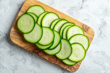 An image of a cutting board on a kitchen table with slices of zucchini on it, natural light, and a copy area