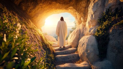 Jesus christ standing at the tomb entrance, symbolizing hope and resurrection for humanity