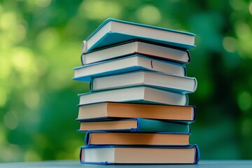 Poster - A simple stack of textbooks, with soft natural light illuminating the covers, symbolizing the quiet power of education