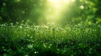 Wall Mural - Green grass field with white flowers and raindrops in the sunlight.