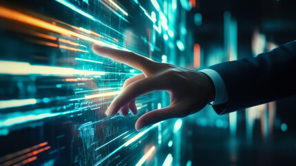 Poster - a person interacts with a glowing digital interface in a futuristic environment showcasing advanced 