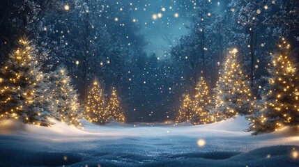 festive winter scene with snowcovered stage twinkling blue and gold lights evergreen trees magical holiday atmosphere