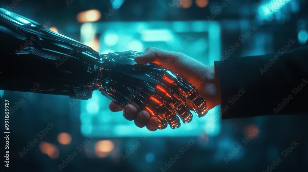 futuristic handshake between sleek robotic arm and human hand glowing ...