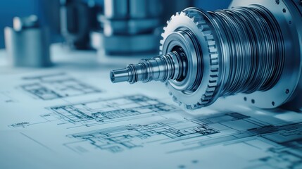 Poster - Close-up of a mechanical component on engineering blueprints, showcasing precision and detail.
