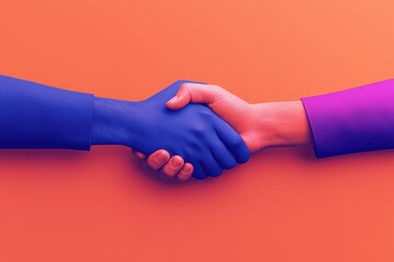 Close-up of two colorful hands shaking, symbolizing partnership and collaboration, against a vibrant background.