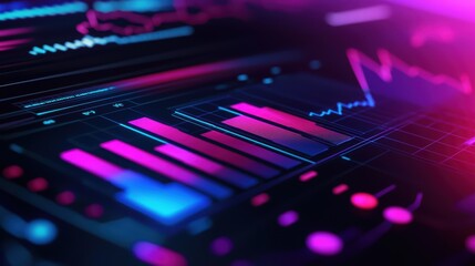 Poster - Colorful data analysis background with glowing graphs and charts, suitable for digital and financial themes.