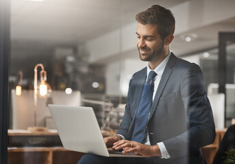 Poster - Man, happy and laptop on office for business, email and networking for growth in company. Insurance broker, computer and typing in agency for contact, feedback and online consultation in evening