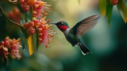 hummingbird frozen midflight wings a blur of motion sipping nectar from exotic flower rainforest backdrop macro photography style vibrant colors