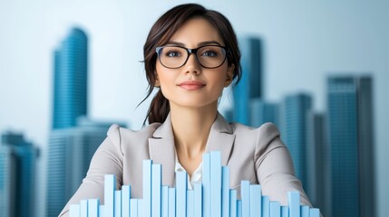 Poster - confident businesswoman with glasses presenting financial data graph.