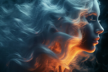 Poster - A serene portrait captures a woman's profile with voluminous hair, softly lit by an otherworldly glow, surrounded by a mysterious mist in a twilight atmosphere