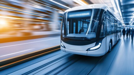 Futuristic tram in motion on urban tracks, blurred background conveying speed and modernity.