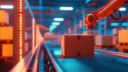 Poster - High-tech robotic arm working on a conveyor belt in a modern warehouse setting.