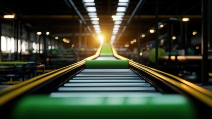 Poster - Industrial conveyor belt in an interior setting, illuminated by natural sunlight, showcasing modern manufacturing.