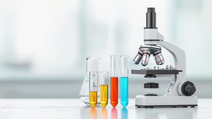 Microscope with colorful test tubes on a bright lab countertop, showcasing scientific research and experimentation.