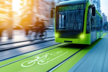 Modern green tram moving through urban streets on bike-friendly lanes.